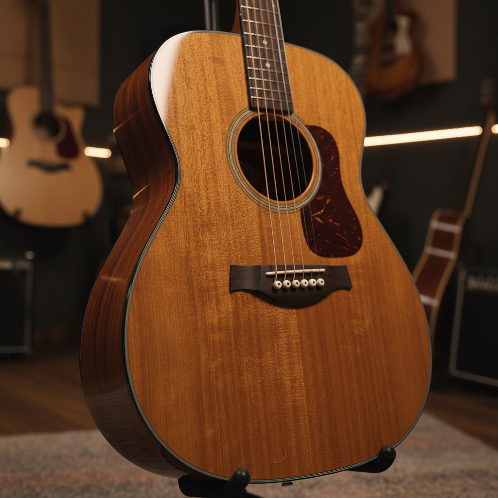 Eine braune Akustikgitarre steht auf einem Ständer in einem Musikgeschäft.